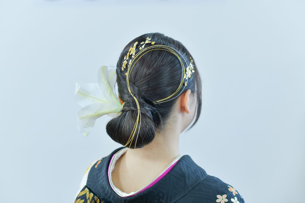 山梨振袖成人式ヘアスタイル髪型髪飾り振袖ヘア金箔水引き